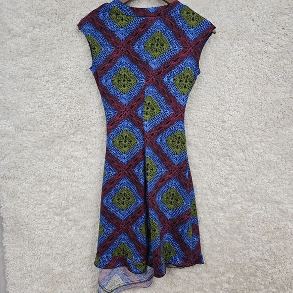 La Belle Womens Faux Wrap V Neck‎ Dress Size Medium Blue Green Red Retro Y2K USA - Picture 6 of 10